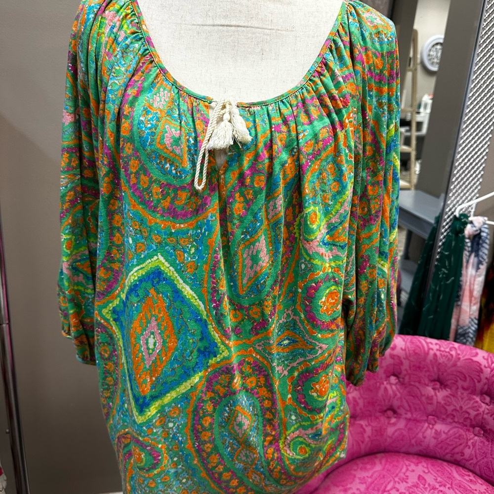 Ralph Lauren Green and Blue 3/4 Sleeve Ruched Blouse
